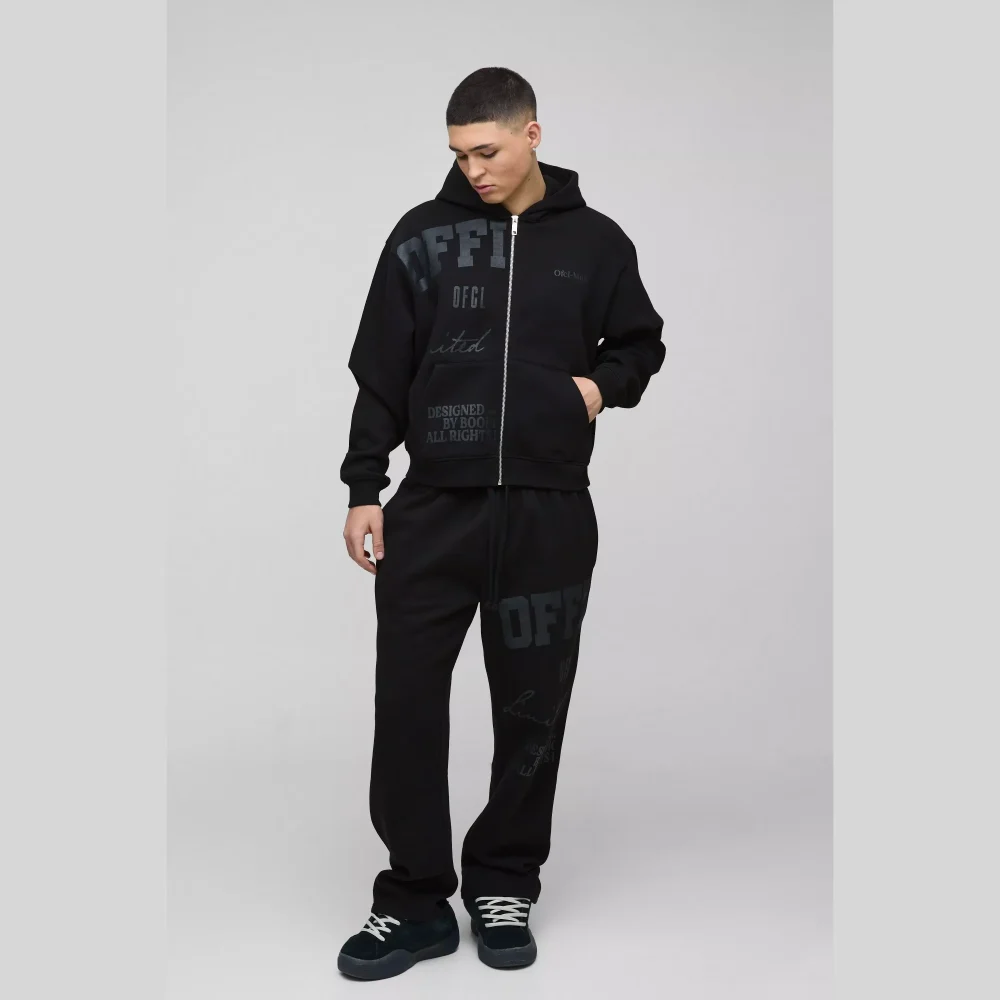 Oversized Boxy Official Tonal Print Zip Hooded Tracksuit