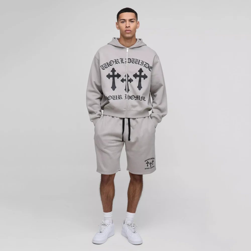 Oversized Worldwide Cross Zip Hooded Short Tracksuit